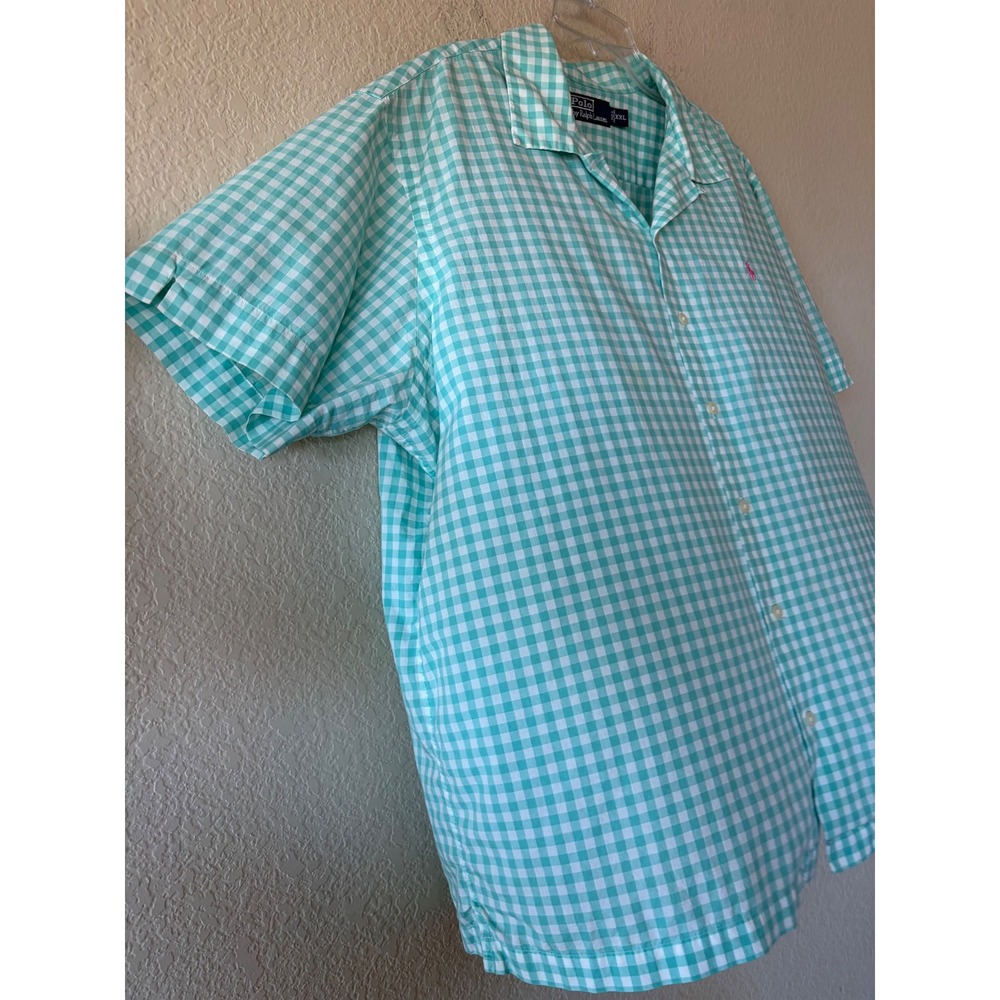 Polo Ralph Lauren Mens XXL Gingham Shirt Teal White Short Sleeve Cotton Pony
